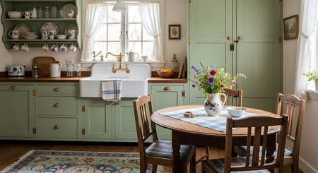 Interior of a modern kitchen in green tones with a wooden tableの写真素材