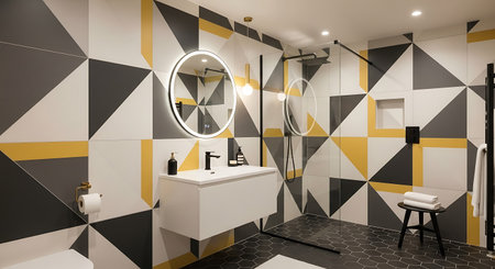 Interior of a modern bathroom with black and yellow tiles. 3d renderingの写真素材
