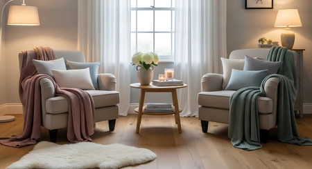 Living room interior with armchairs and coffee table, 3d renderの写真素材