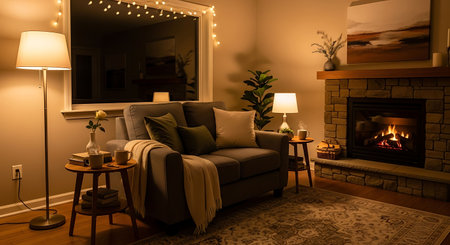 Interior of a living room with a fireplace and a comfortable sofaの写真素材