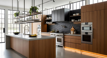 3d Illustration of a modern kitchen in a loft with a beautiful design