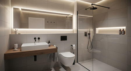 3d render of a modern bathroom with a shower and toilet.