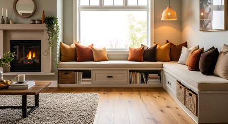 Cozy living room with fireplace, coffee table and yellow cushionsの写真素材