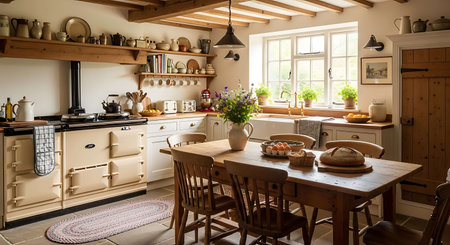 Interior of a rustic kitchen in a country house with wooden furnitureの写真素材