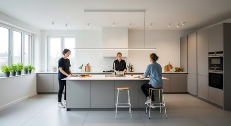 Young woman cooking together in modern kitchen at home, woman and woman looking at each otherの写真素材