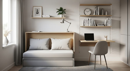 Corner of modern bedroom with white walls, wooden floor, comfortable king size bed and bookcase with...