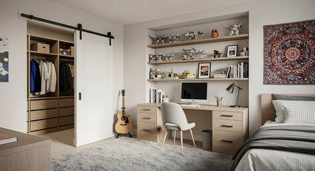3D render of a bedroom interior design with a wooden wardrobe.