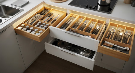 3d rendering of a kitchen drawer with utensils in it