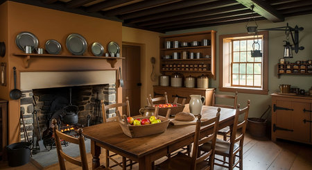 Interior of a rustic country house with fireplace and wooden table