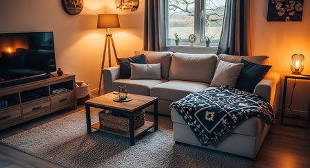 Luxury living room interior design with cozy sofa, coffee table, pillows and bookcase
