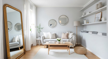 Interior of modern living room with white walls, carpet and wooden floorの写真素材