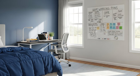 3d Illustration of a blue bedroom interior with a whiteboard