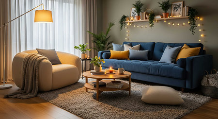 Interior of living room with blue sofa, coffee table and lampの写真素材