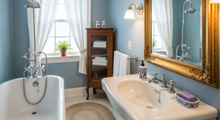 Luxury bathroom interior with blue walls and white bathtub. Northwest, USA