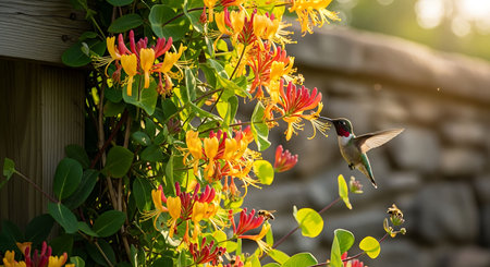 Hummingbird feeding on flowers in the garden. Wildlife scene from nature.