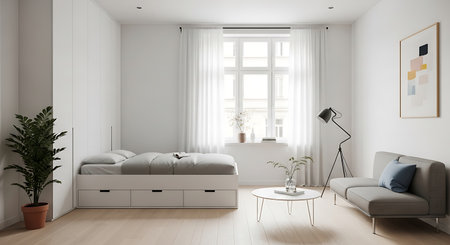 Interior of modern living room with white walls, wooden floor, comfortable gray sofa and coffee...