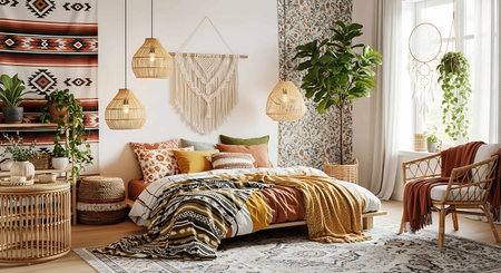 Interior of modern bedroom with comfortable bed and wicker armchairの写真素材