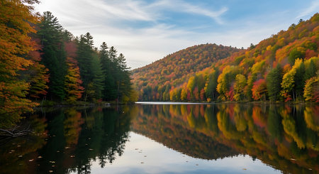 Autumn forest reflected in a lake, New Hampshire, USA.の写真素材