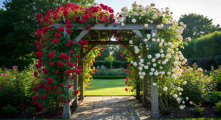Garden arch with white and red roses on a sunny summer dayの写真素材