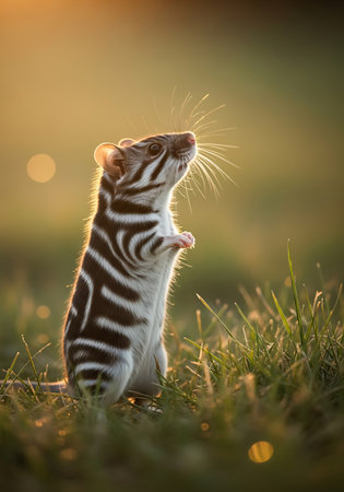 Cute striped baby rat sitting on the grass in the sunset lightの写真素材