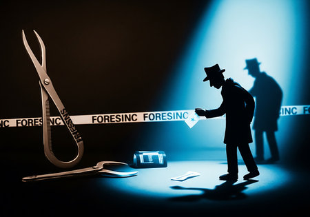 Silhouette of a detective with tools and crime scene background.の写真素材