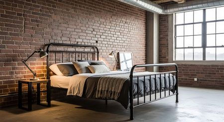 interior of modern loft style bedroom with brick wall and wooden bedの写真素材