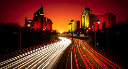 Car light trails on the street at night.