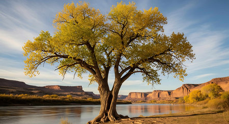 Autumn landscape with a big tree on the bank of the Colorado Riverの写真素材