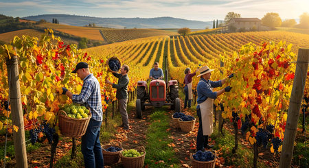 Group of vineyard workers harvesting ripe grapes on vineyards in autumnの写真素材