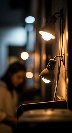Close up of a wall lamp with a blurry woman at the backgroundの写真素材