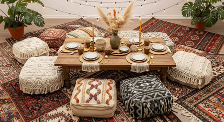 Interior of a living room with a wooden table, plaids and candlesの写真素材