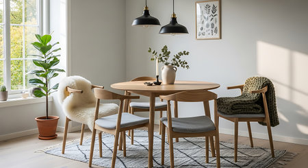 Modern dining room interior with wooden table and chairs. 3d render