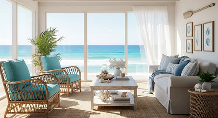 Modern living room with sea view. 3d render, mock up