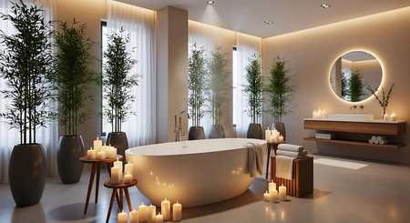 Bathroom interior with bathtub, candles and plants - rendering