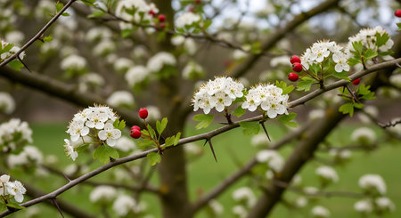 Blossoming branch of hawthorn with red berries in springの写真素材