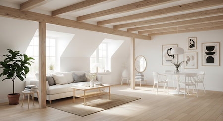 Interior of a modern living room with wooden walls, a wooden floor and a white sofa. 3d rendering
