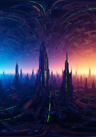 Futuristic city with neon lights. 3D rendering digital illustration