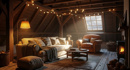Interior of a wooden house with fireplace and armchair. 3D rendering