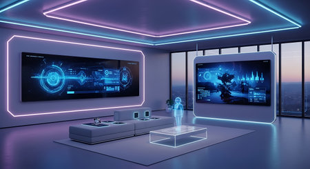3d render of interior of modern living room with blue neon lights