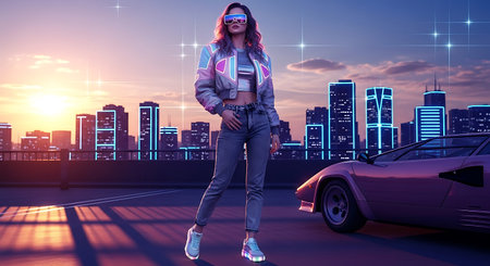 Fashionable young woman in a hoodie and sunglasses standing on the background of the night city