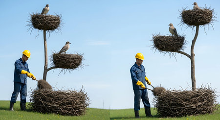 Two workers are building nests on a meadow.