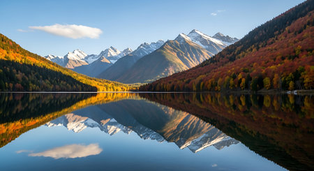 Beautiful autumn landscape with mountain lake and reflection in water, Russia.