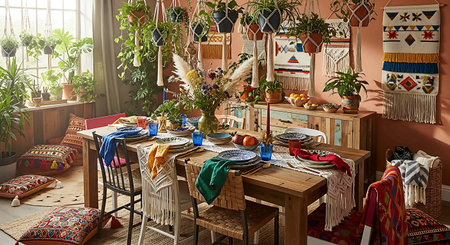 Interior of a rustic boho style dining room with table and chairsの写真素材