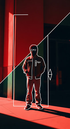 Stylish young man in casual clothes standing in front of a door with neon light. 3D Rendering