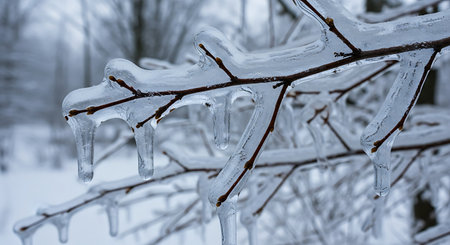 Ice on the branches of a tree in the forest in winter.