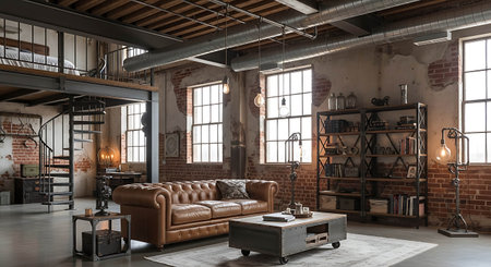 Interior of loft living room with leather sofa and bookshelf
