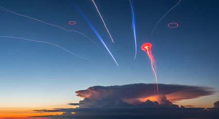 Lightning in the sky at sunset. 3d render illustration.