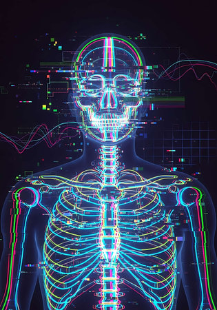 Digital illustration of human skeleton in blue and red lights. 3D renderingの写真素材