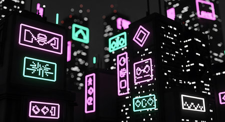 Futuristic holographic neon light icons in the city at night