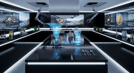 3d rendering of modern kitchen with a view on the mountains.